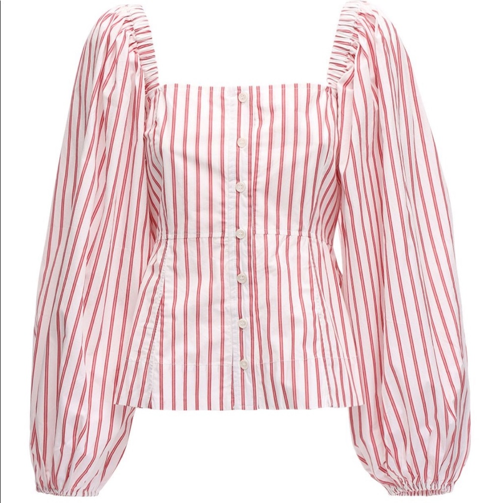GANNI STRIPED COTTON PUFF SLEEVE POPLIN TOP
